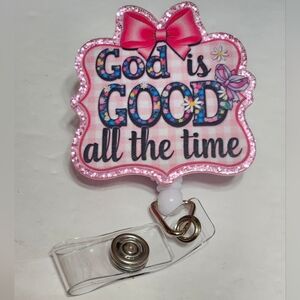 God‎ Is Good Badge Reel Pink ID Holder Alligator Clip Religious